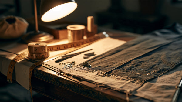 Tailor's worktable with measuring tape, pins and a partly hemmed garment