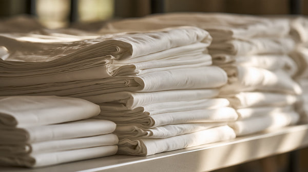 Crisp white bed linen folded in neat piles on a wide shelf