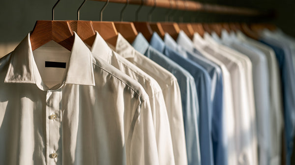 Row of freshly pressed white and light blue dress shirts on wooden hangers