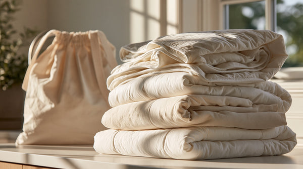 Folded clean comforters stacked beside a cotton laundry bag in morning light