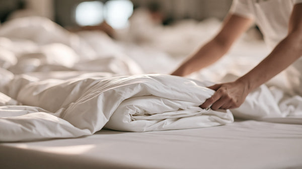 Thick white duvet being folded by hand over a wide table