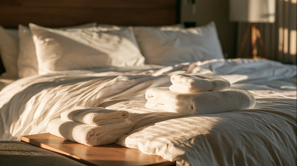 Neatly made guest bed with fresh white bedding and folded towels
