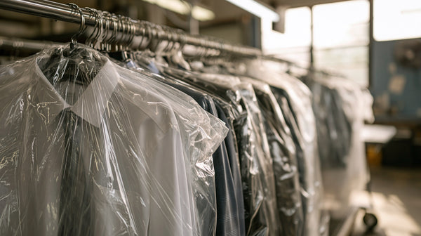 Rolling rail of freshly pressed shirts and jackets in clear garment covers