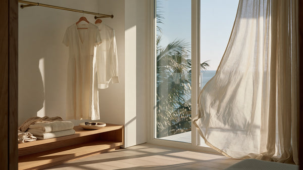 Bright condo dressing area with pressed linen dress and shirt on a brass rail, ocean beyond