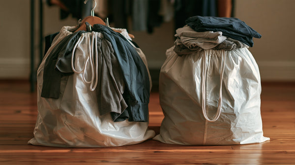 Two laundry bags side by side, one holding hanging garments and one folded clothes