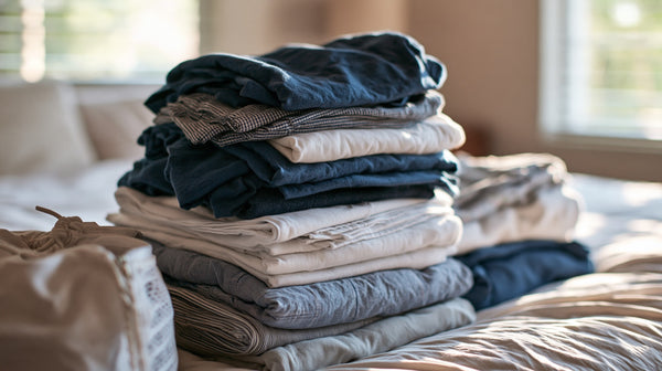Family sized pile of clean folded laundry on a bed in a bright suburban bedroom