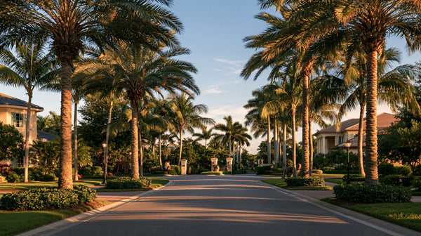 Quiet palm lined street of large homes leading to a gated community entrance