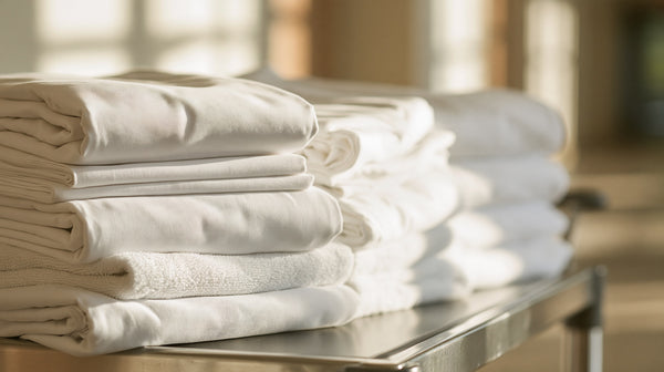 Neat stack of pressed white hotel bed linen and towels on a service trolley