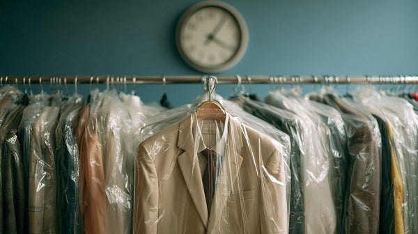 Wall clock above a rail of finished garments in clear covers