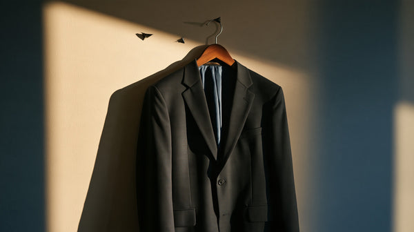 Well kept dark suit jacket hanging alone on a wooden hanger in raking light