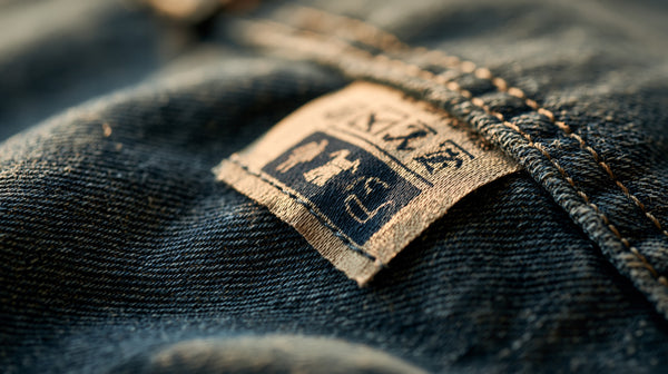 Close macro shot of a fabric care label sewn into a garment seam