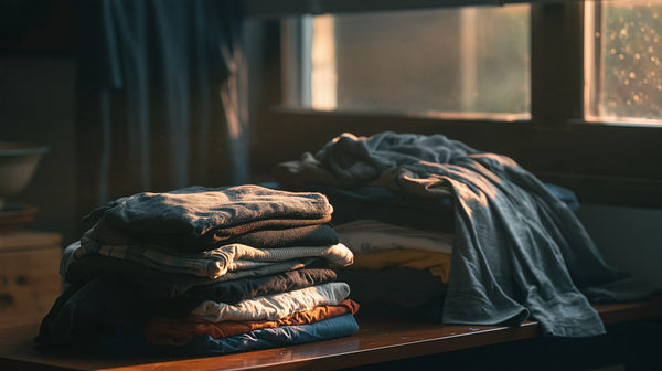 Storm light through a window over a pile of damp folded clothing