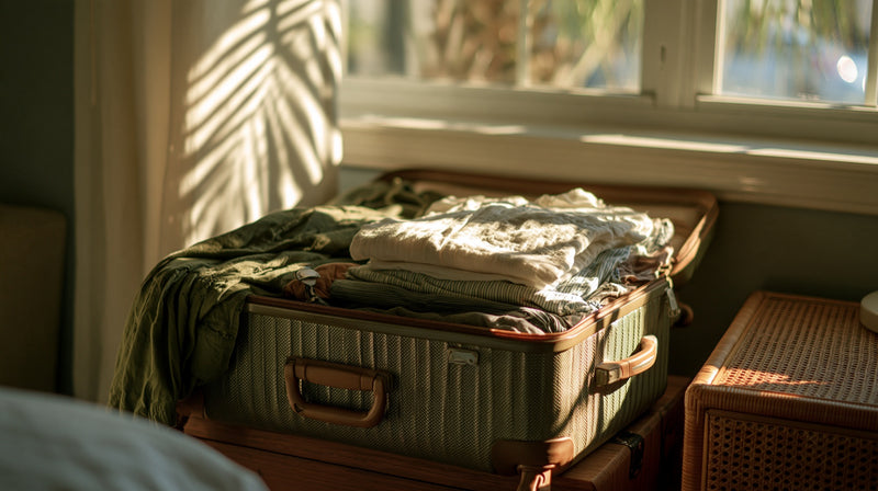 Open suitcase of clothes beside a window with bright palm shadows
