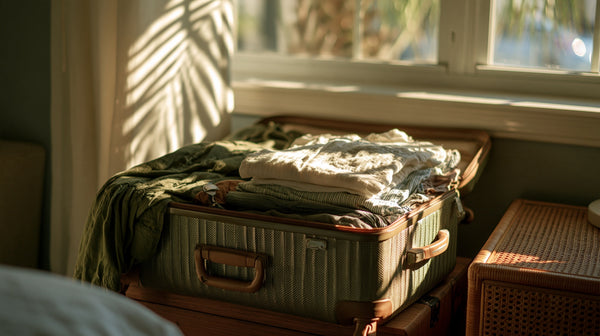 Open suitcase of clothes beside a window with bright palm shadows