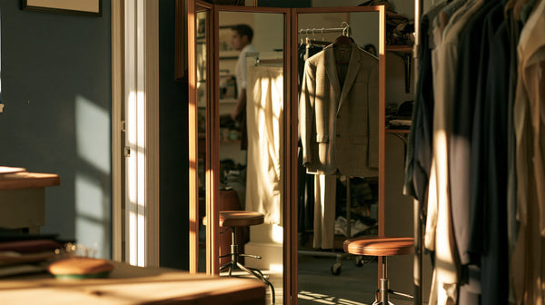 Three way fitting mirror in a quiet tailoring corner with a stool
