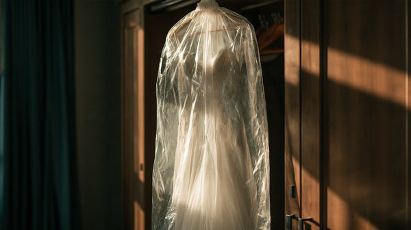 Formal gown in a clear garment cover hanging on a wardrobe door