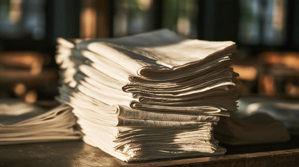 Folded white table linen and napkins stacked on a restaurant service station