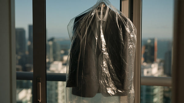 Pressed dark suit in a clear garment cover hanging by a high rise window