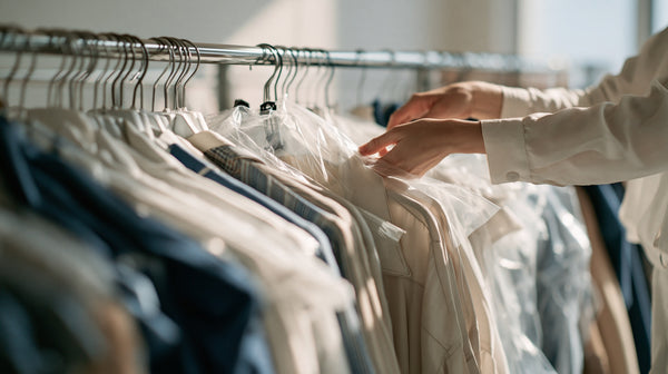 Rail of garments being sorted carefully in a bright clean room