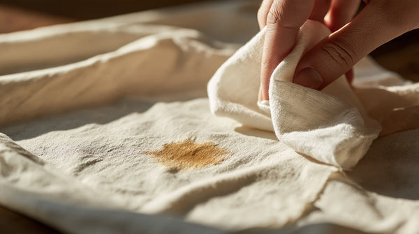 A fresh stain on pale fabric being blotted with a clean white cloth