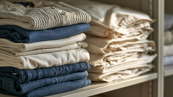Neatly folded sweaters and cotton garment bags stacked on an open closet shelf