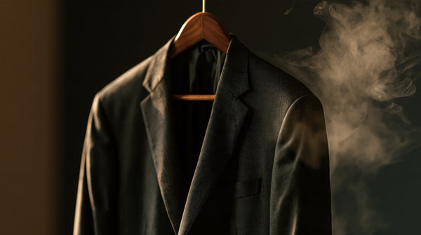 Charcoal two piece suit on a wooden hanger with steam rising nearby