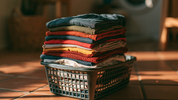 Folded colourful everyday clothing stacked in a laundry basket on a tiled floor