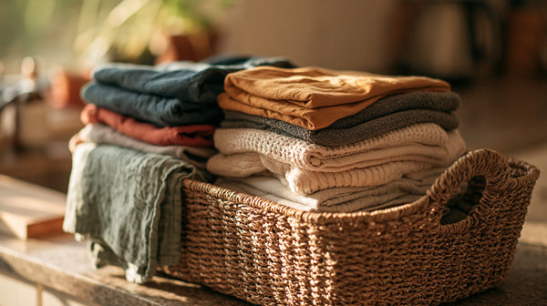 Neatly folded everyday laundry stacked in a woven basket on a kitchen counter