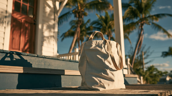 Canvas laundry bag on the porch step of a coastal bungalow with palms behind
