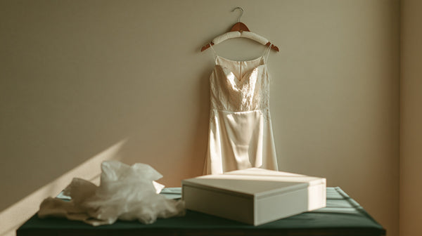 Ivory wedding gown on a padded hanger beside an open acid free preservation box