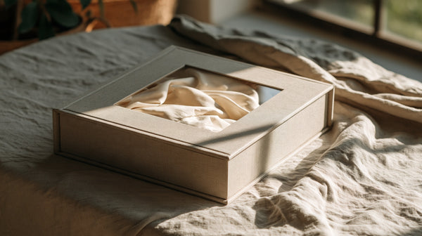 Closed preservation box with a viewing window showing folded ivory fabric