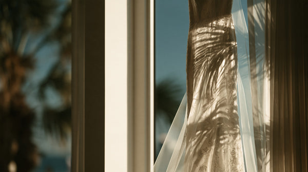 Ivory gown hanging by a bright window with palm shadows across the fabric