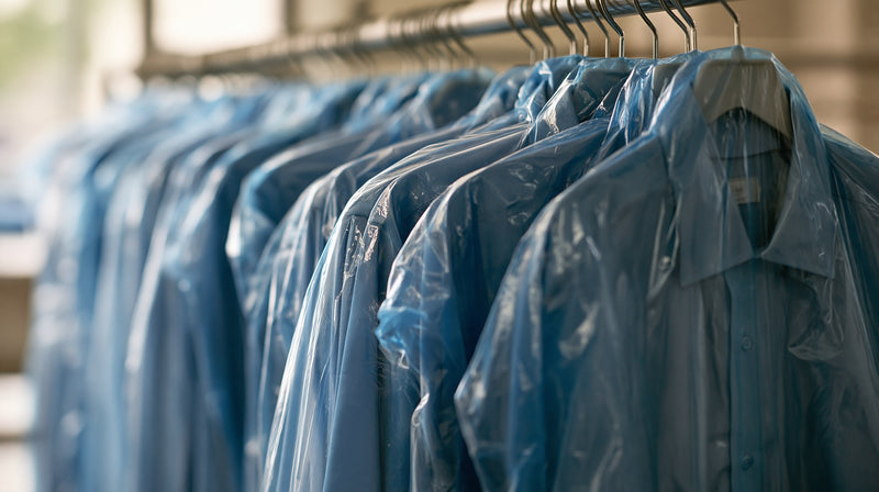 Rail of identical pressed shirts in covers ready for delivery