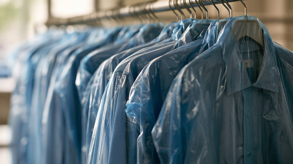 Rail of identical pressed shirts in covers ready for delivery