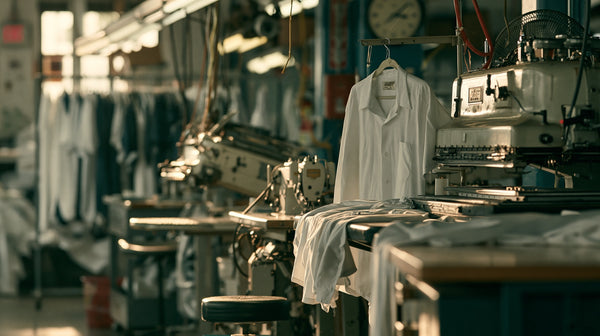 Interior of a working garment plant with pressing equipment and rails of clothes