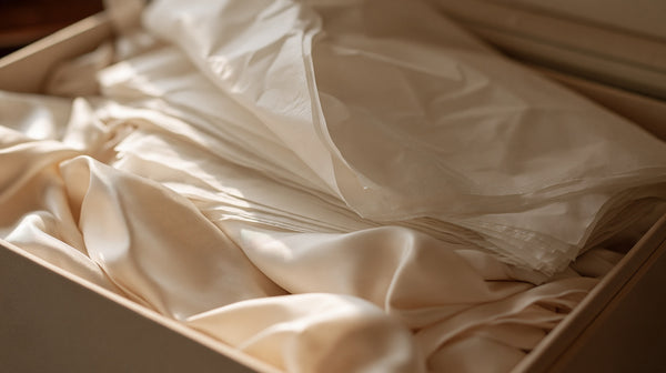Acid free tissue layered between folds of ivory silk inside a preservation box