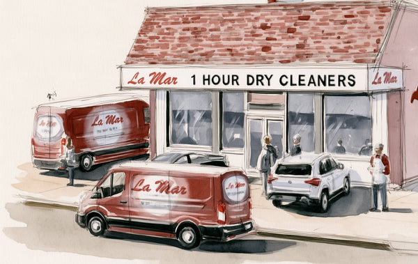 Watercolour illustration of the La Mar 1 Hour Dry Cleaners storefront with delivery vans