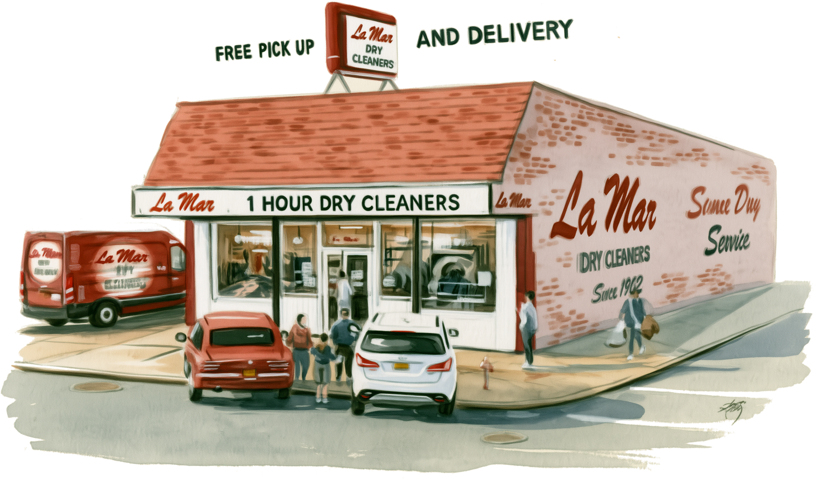 Hand drawn illustration of the La Mar 1 Hour Dry Cleaners storefront on Pembroke Road with a red delivery van